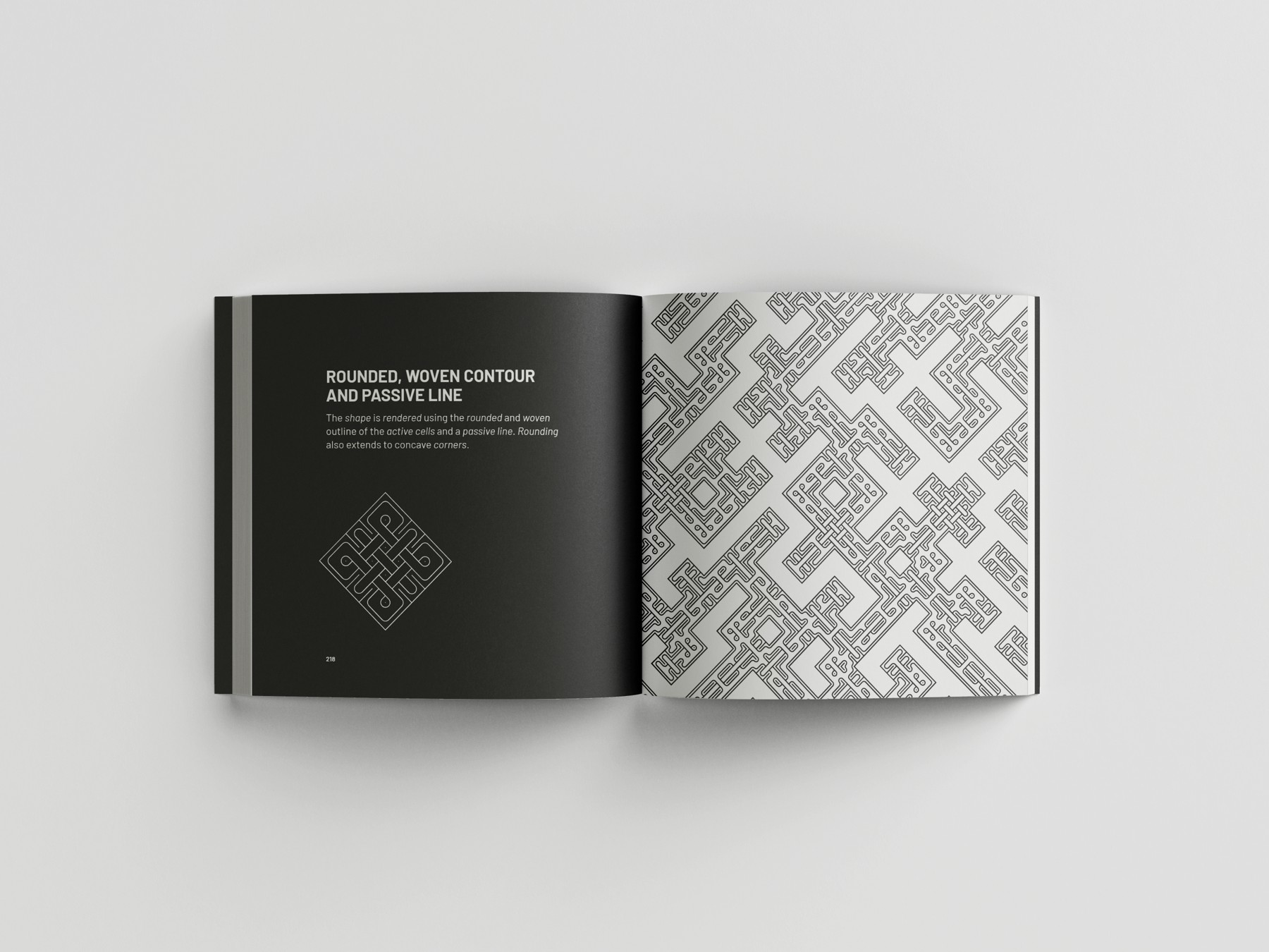 Text beside a woven geometric pattern